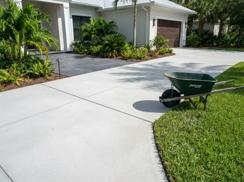 Modern concrete driveway and patio installation