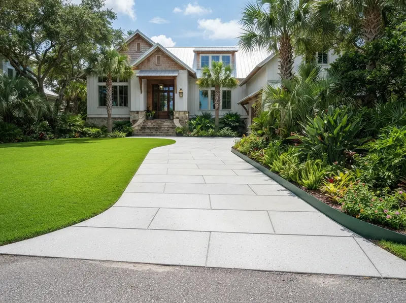 Coastal concrete driveway and green lawn Coastal concrete driveway and green lawn