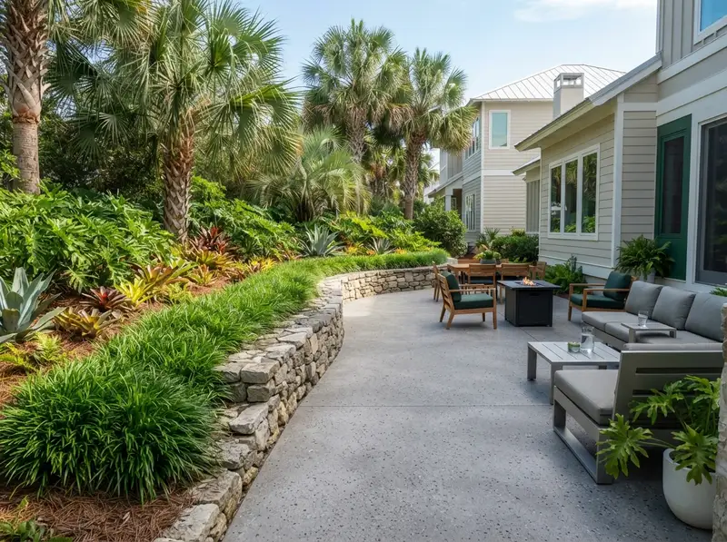 New concrete patio and tropical landscaping