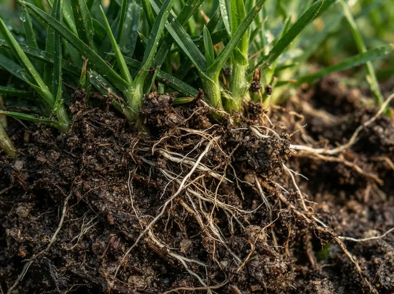 Healthy turfgrass root system in topsoil Healthy turfgrass root system in topsoil